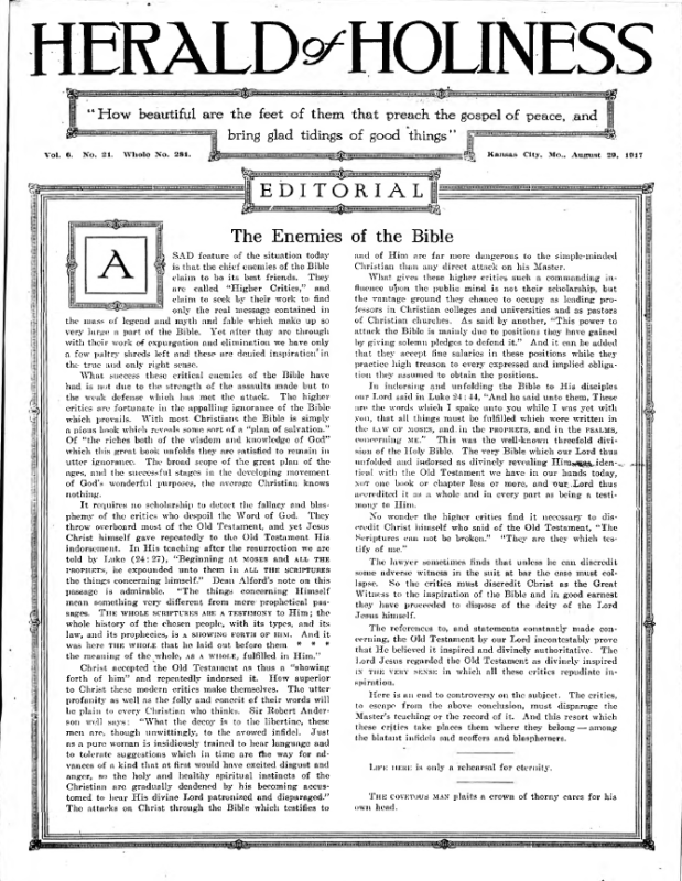 Title Page of Herald of Holiness - August 29, 1917
