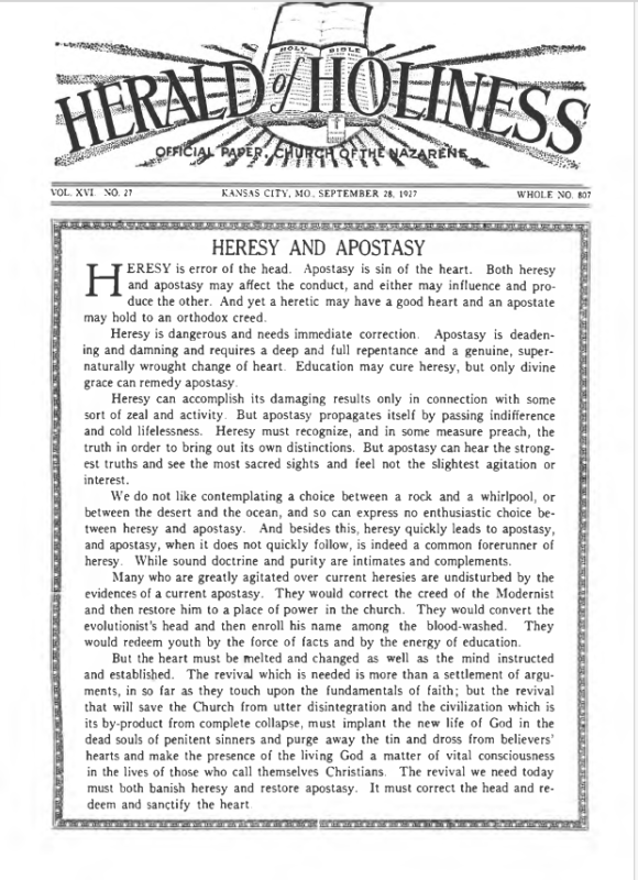 Front page of Herald of Holiness - September 28, 1927